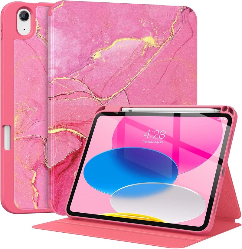 Supveco حافظة لجهاز iPad (A16) الجيل 11 بحجم 11 بوصة (2025)، iPad الجيل 10 بحجم 10.9 بوصة (2022) مع حامل قلم - [استيقاظ/نوم تلقائي]، حافظة فاخرة مع قاعدة قابلة للطي وغطاء خلفي ناعم من TPU - أحمر رخام - Image 1